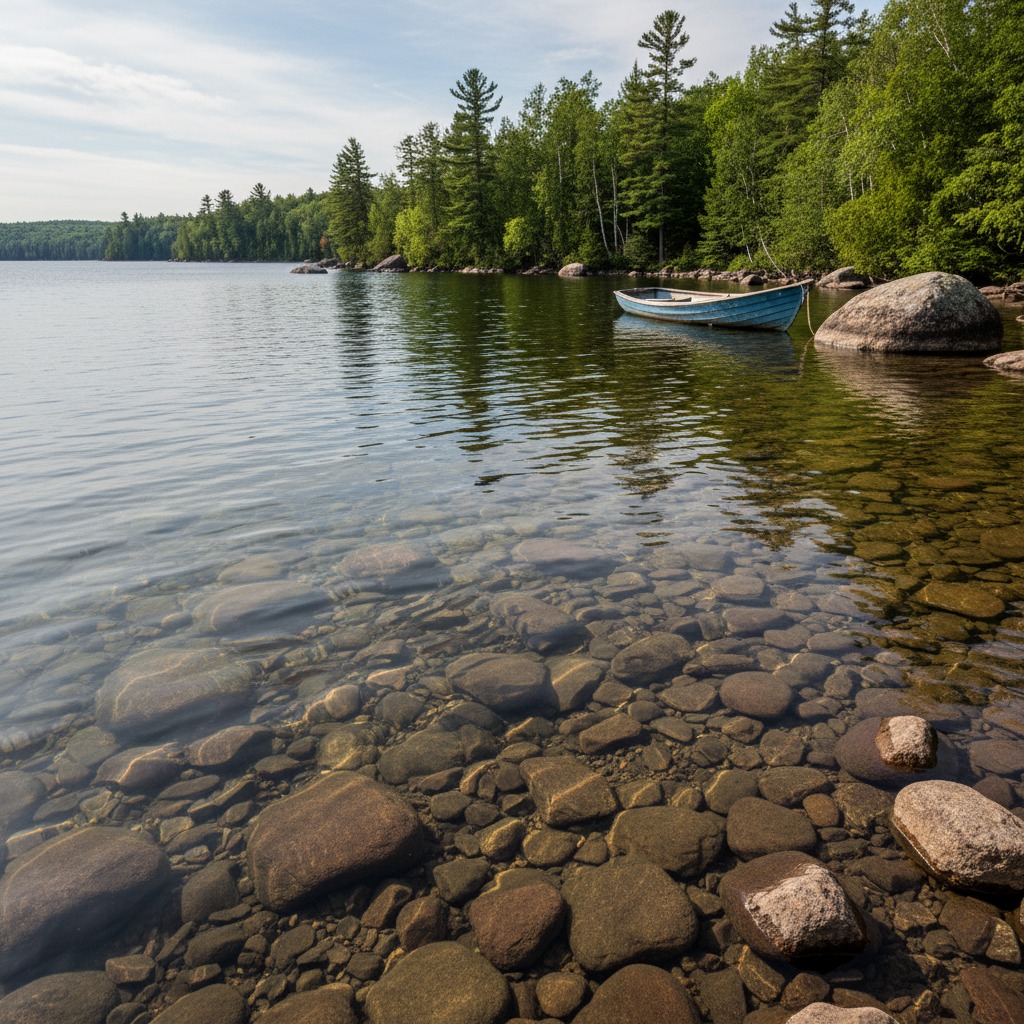 Clear lake water over a rocky lakebed with visible stones and sand
