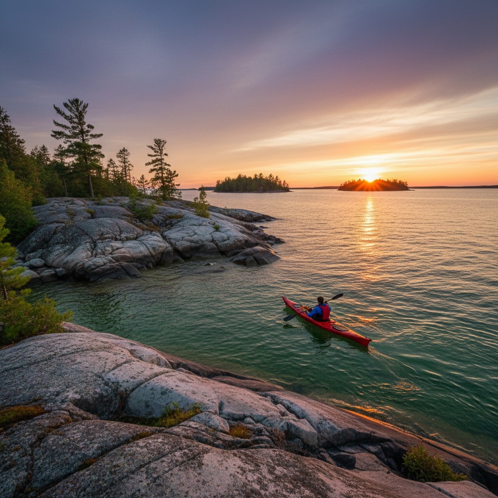 Rocky Georgian Bay shoreline with pine trees and calm water reflecting the sky