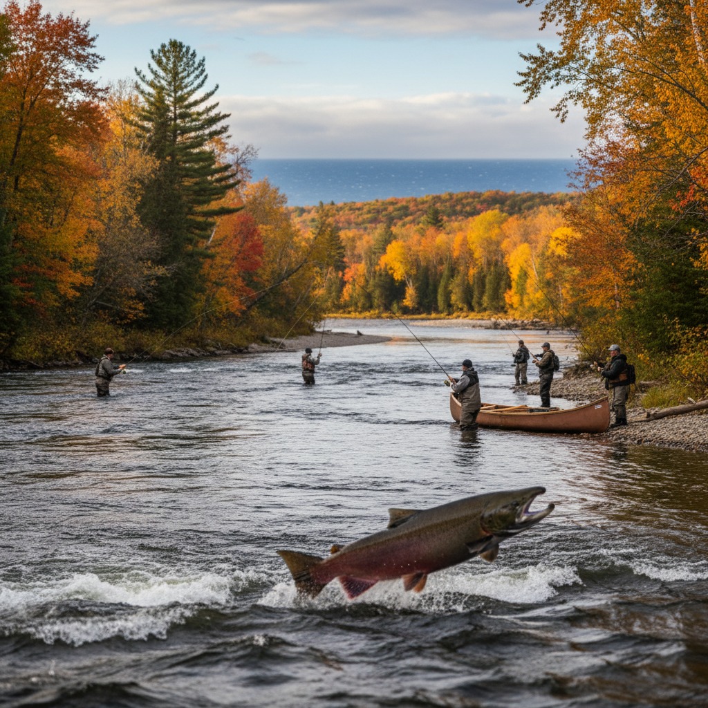 Chinook salmon visible in shallow water running upstream through an autumn river