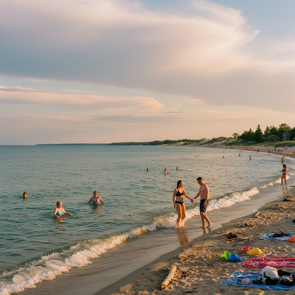 People enjoying a sandy beach with gentle waves on a sunny day