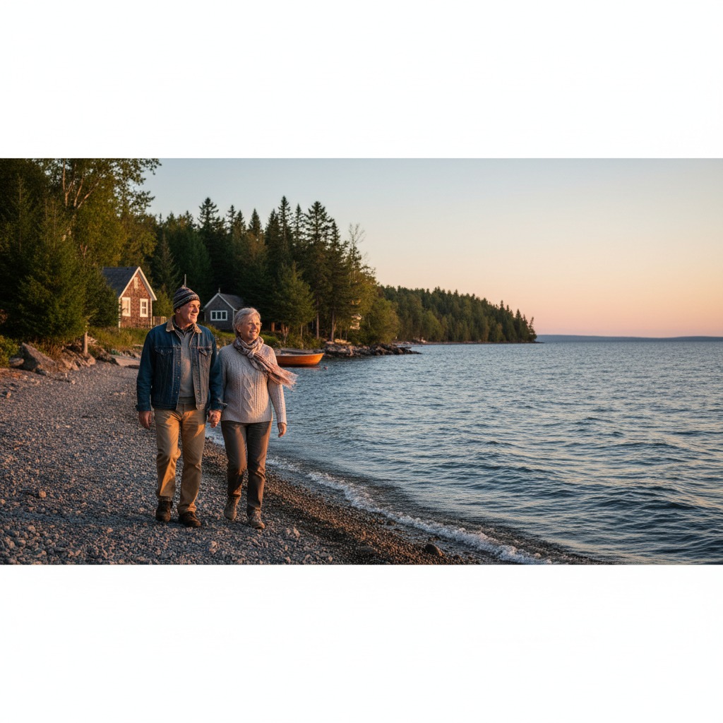 Retired couple enjoying a sunset view from their waterfront property