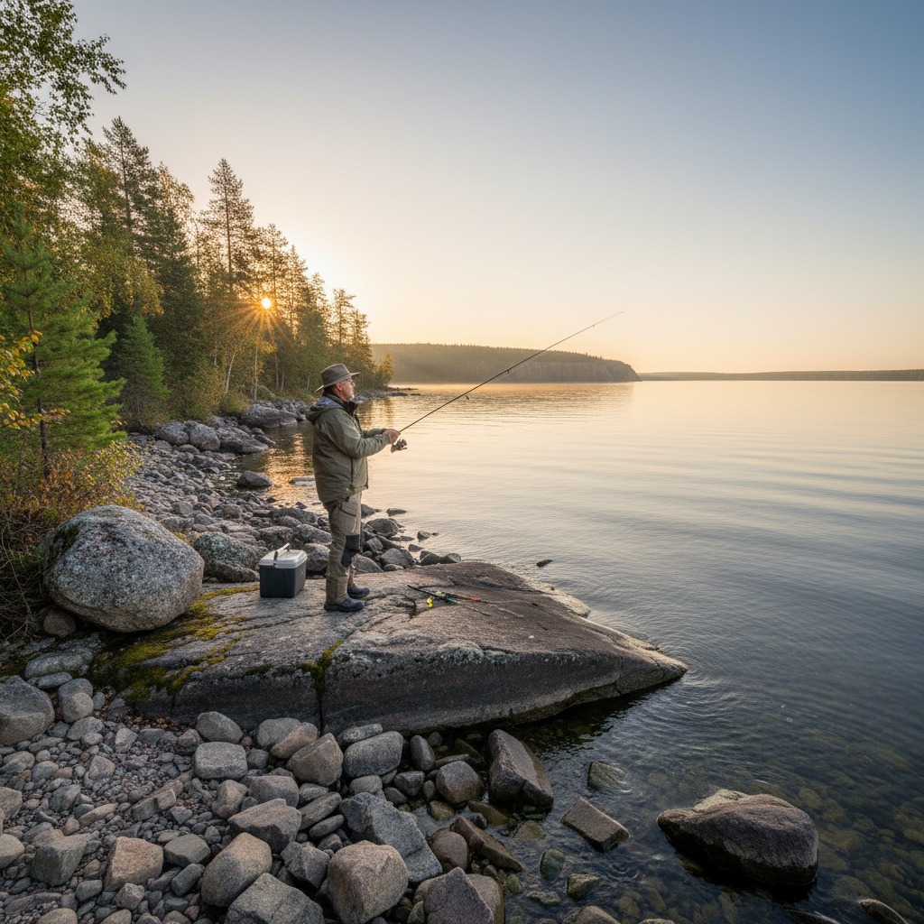 Angler casting from a rocky lakeshore in Ontario at dawn