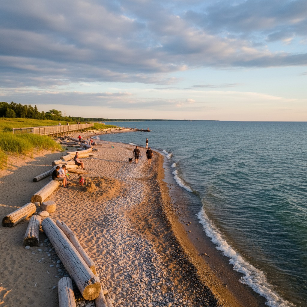 Sandy beach with public access path leading to the waterfront